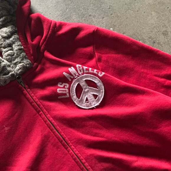 Vintage Y2K Hollister Crimson Red Fur Trim Zip Up Hoodie - Size L - Picture 5 of 5